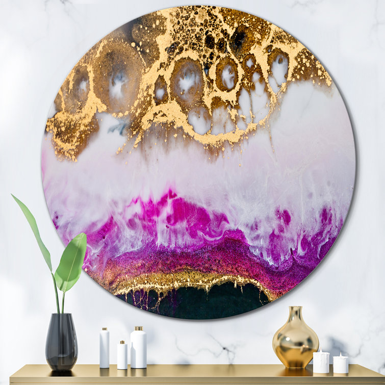 Gold White And Fuchia Epoxy Resin Art - Modern Metal Circle Wall Art